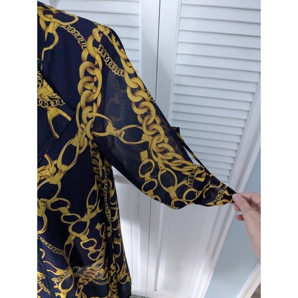 Feratelli Tunic Top Womens S Flowy Navy Status Print Sheer Moto Zip RollTab Glam - Picture 8 of 13